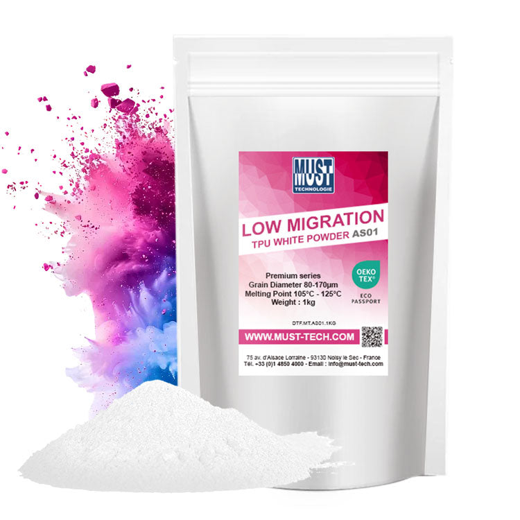 Poudre TPU DTF 1kg AS01 - Poudre de Transfert - Faible migration de teinture sur tissus Polyester - Résistante au lavage à 60°C