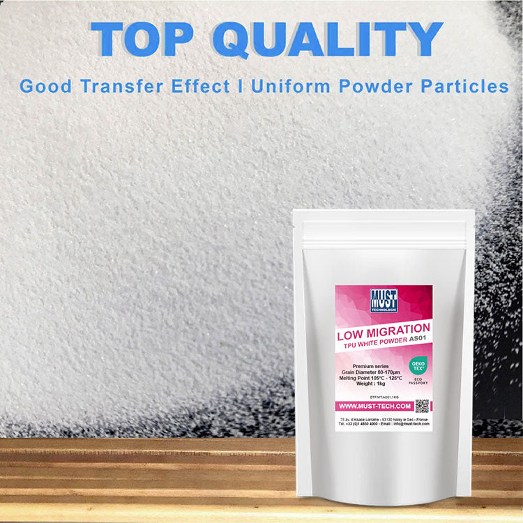 Poudre TPU DTF 1kg AS01 - Poudre de Transfert - Faible migration de teinture sur tissus Polyester - Résistante au lavage à 60°C