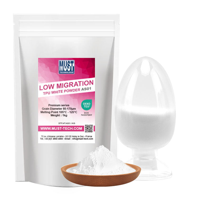 Poudre TPU DTF 1kg AS01 - Poudre de Transfert - Faible migration de teinture sur tissus Polyester - Résistante au lavage à 60°C