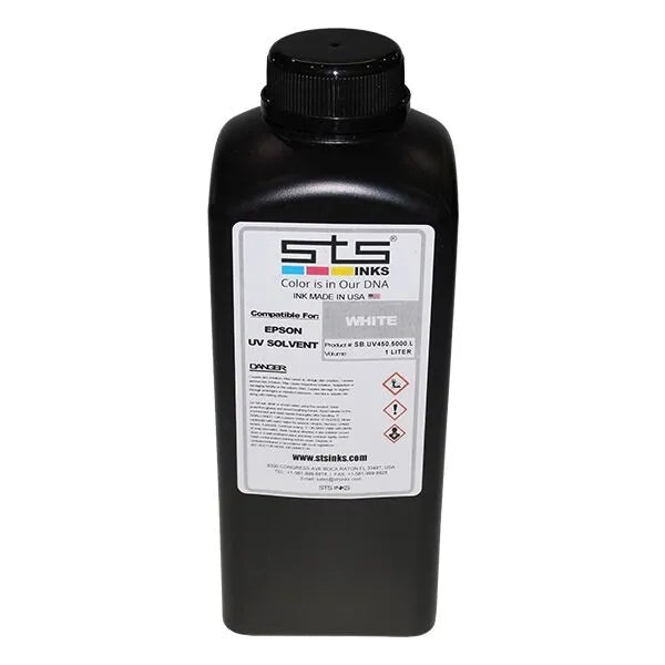 Encre blanche UV DTF STS haute opacité pour impression multicouche.