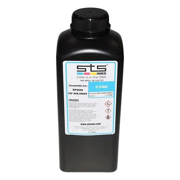 Encre cyan UV DTF STS haute opacité pour impression multicouche.